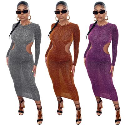 China Hot Selling Cavity Women's Long Sleeve Sexy Club Wear Solid Color Anti-wrinkle Dress Clothing 2021 Sexy Casual Outfits for sale