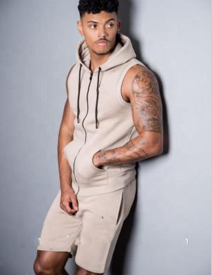 China Anti-pilling Fitted Gym Zipper Sleeveless Hoodie With Fleece Striping Tapered Joggers Tracksuit Mens Bottoms Sweat Shorts OEM Wholesale for sale