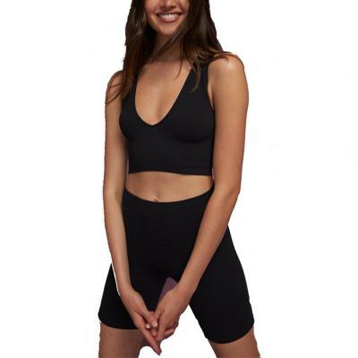 China Breathable High Quality Running Deep V Neck Women Sleeveless Tops And Shorts Set Sports Gym Tracksuit for sale