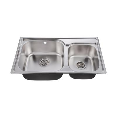 China Hot Selling Double Faucet Bowl Oil Kitchen Sink Stretch Mount Non Sticky One Piece Sink for sale