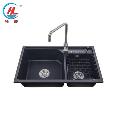 China Without Faucet New Design Household Quartz Stone Double Kitchen Sink Black Kitchen Sink for sale