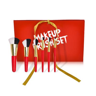 China Angular Blush New Arrive Christmas Gift Red Handle Vegan Hair 6pcs Makeup Set Brush With Bag Popular for sale