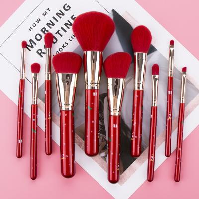 China Angular Blush Christmas Gift Makeup Brush 10 Pcs Factory OEM ODM Cute Red Kabuki Makeup Brush Set for sale