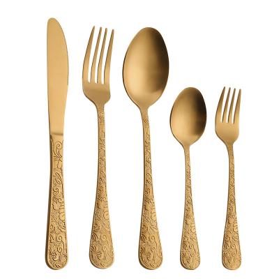 China NEW DESIGHN 5PK Sustainable European Style Embossed To Handle Stainless Steel Flatware Cutlery Set Wholesale Customized Party Gifts for sale