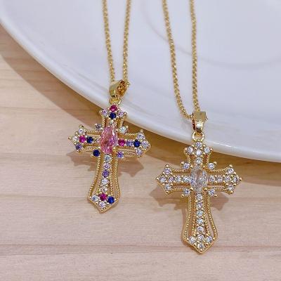 China Wholesale Trendy Fashion 18K Gold Plated Zirconia Necklace Jewelry Cross Pendant Women for sale