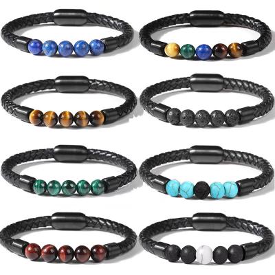 China Wholesale FASHIONABLE 8mm Natural Stone Bracelet Magnetic Clasp Men Braided Leather Bracelet for sale