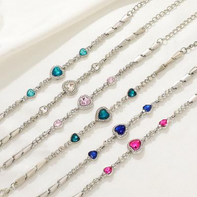 China TRENDY Korean Heart Crystal Bracelet New Colorful Fashion Ocean Crystal Beaded Heart Charm Bracelet for sale