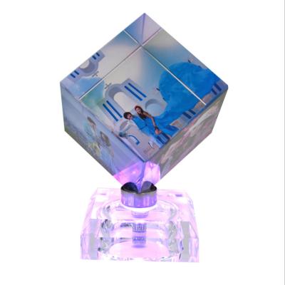 China Europe 3d Photo Crystal Glass Digital Cube With Rotatable Led Colorful Base Customized Lovers Picture for sale