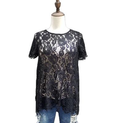 China Anti-wrinkle YIHUA 2022 Women's Summer New Edition Lace Shirt Hollow-out Black And White Short Sleeve Shirt Wholesale Clothing Stock for sale