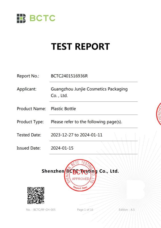 Test report - Guangzhou Junjie Cosmetics Packaging Co., Ltd.