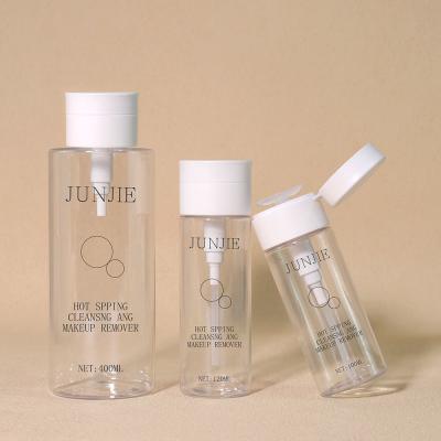 China PET cosmetische fles 100 ml 120 ml 400 ml make-up remover fles met ronde platte bovenkant Te koop