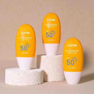 China Flat Round Squeeze Bottle 50ml Sunscreen Container Cosmetic With PE Collar And White Screw Cap for sale