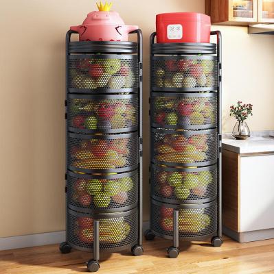 China Sustainable Hot Sale Kitchen Trolley Cart Storage Rack Shelf Multi-layer Vegetable Fruit Basket 360 Degree Rotating Baskets Rack With Wheels for sale