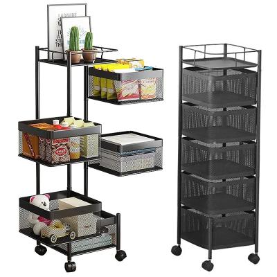 China Folding Handle Wholesale Multi-layer Rotating Kitchen Storage Shelf 360 Degree Vegetable Fruit Basket Rack Rolling Cart for sale