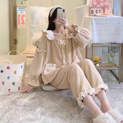 China Women Thermal Cheap Plush Flannel Sleepwear Winter Fleece 2-Piece Warm Pajamas Set Soft Korean Wear Sleepwear Loungewear for sale