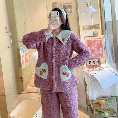 China Winter Women Plush Fleece Pajamas Long Sleeve Berber Thermal Soft Warm Fleece Solid Sleepwear Night Wear Loungewear for sale