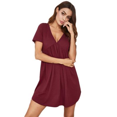 China New Arrival Breathable Women Deep V-neck Nightgowns Knitting Short Sleeve Tee Dress Aplet T-shirt Eco-Friendly Pajamas Sleep Shirt Dress for sale