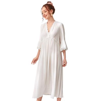 China Non-stretch Ruffle Sleeve Lace Trim Nightgown Cotton Nightgowns for sale