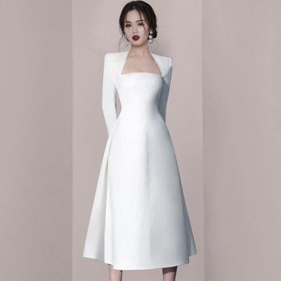 China White Lady Midi Dresses Elegant Slim Women Vintage Anti-Static A Line Long Sleeve Woven Dress Dresses for sale