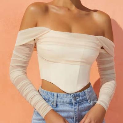 China Anti-pilling Long Sleeve Women's Mesh See Though Crop Top Fashion Pleated Lace Ladies' Blouses And Tops for sale