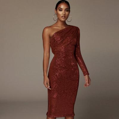 China Anti-wrinkle Women Red Sequins Midi Dresses 2021 New Arrivals Woman Sequined Dress for sale