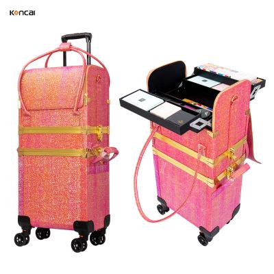 China New Portable And Heavy Duty Glitter Orange Two In One Hand Makeup Trolley Makeup Train Case Makeup Beauty Rolling Case for sale