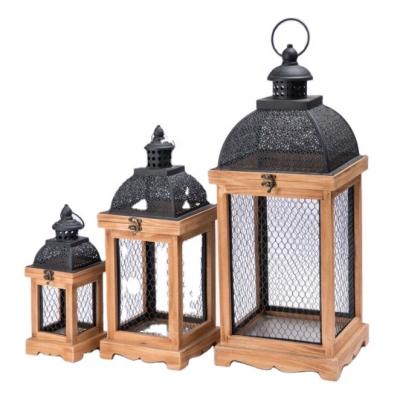 China Long Lifespan Rustic Garden&home Floor Large Lantern 3 Sets Candlestick Hurricane Lamp Wooden Sconce for sale