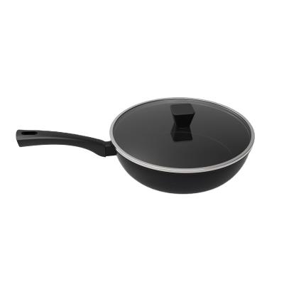 China Sustainable Hand Cast Aluminum Wok with Glass Lid Diamond Reinforced Coating Black with Cookware Nonstick Wok Pan for sale