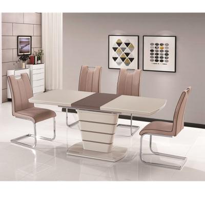 China Modern Design Europe Style MDF Tempered Glass Extendable Dining Table and PU Base Leather Chromed Dining Set for sale