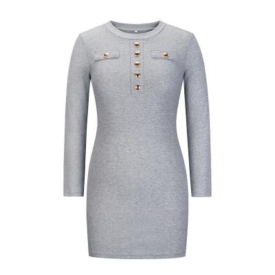 China T2305 Anti-Static Casual Knitted Long Sleeve Ladies Dress Ribbed Bodycon Slim Sexy Women Dress With Buttons for sale