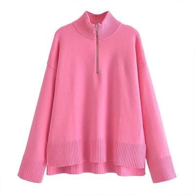 China ZA2021 New S.M. ZA2021 UR BOM Anti-wrinkle new autumn and winter women's solid color collar comic zipper decorated ladies knitted sweater for sale