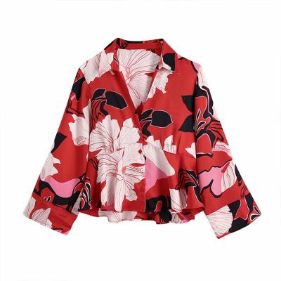 China BMURHMZA2021 Summer and Autumn New Women's Floral Printing Short V-neck Ladies Straight Shirt Anti-pilling for sale