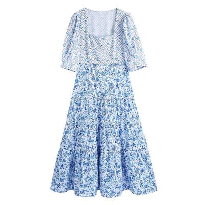 China 2022 New Fashion Women's Vintage Floral Print Midi Dress Anti-Static Chic Vintage Floral Print Square Female Long Dress Mujer for sale