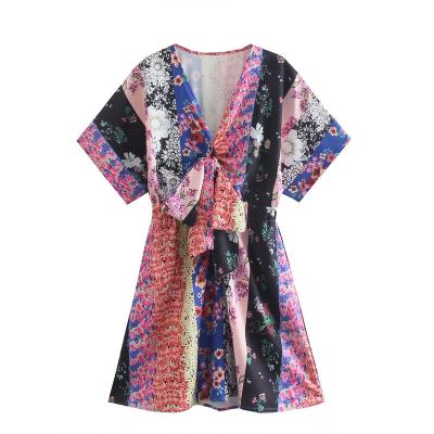 China 2021 Women's Fashion Anti-Static V-Neck Bow Print Mini Dress Vintage Short Sleeve Chic Female Za New Dress Mujer for sale