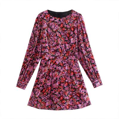 China BMURHMZA2021 summer and autumn new anti-static female Bohemian round neck printing ladies short long-sleeved hollow casual dress for sale