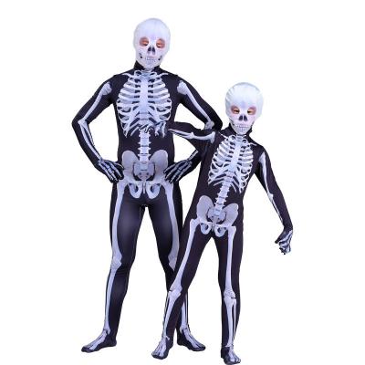 China Polyester Zombie Creepy Skeleton Skull Costume Carnival Skeleton Dress Up Halloween Cosplay Costume For Adult Kids for sale