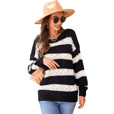 China Fashion Ladies Breathable Sweaters Striped Breathable Girls Long Sleeve Winter Girls Loose Round Neck Sweater for sale