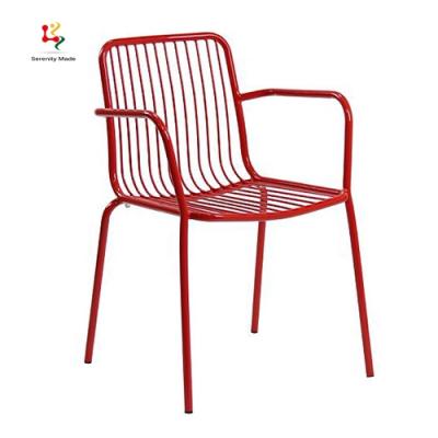 China Modern Outdoor Restaurant Furniture Red Metal Frame Dining Chairs With Arms for sale