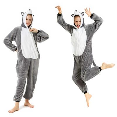 China Wholesale Animal Costume Gray Dog Adults Pajamas Manufacturers IN-STOCKED QUICK DRY Retail Onesies Christmas Pajamas Flannel Cartoon Animal Costume for sale