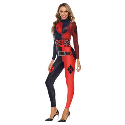 China Sexy Women One Piece Jumpsuit Adult Long Sleeve Red And Black Clow Pattern Cosplay Overalls Print Halloween Costume Tight Jumpsuit for sale