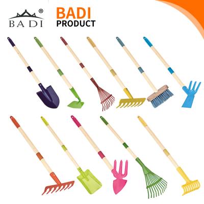 China Removable Garden Kindergarten Tool Kit with Hoe Rake Broom and Leaf Shovel Rake Safe Gardening Kit with Long Wooden Handles for sale