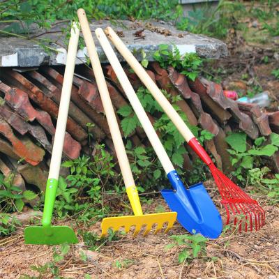 China Removable Garden Kindergarten Tool Kit with Hoe Rake Broom and Leaf Shovel Rake Safe Gardening Kit with Long Wooden Handles for sale