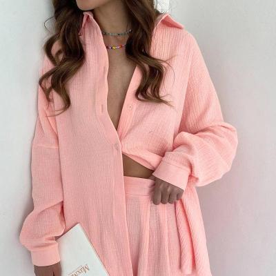 China Breathable 2023 Autumn Sleepwear Women 100% Organic Linen Cotton 2 Piece Pajama Sets Y2K Fashion Long Sleeve Pink Loungewear for sale