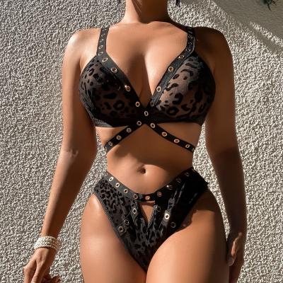 China Gold eyelet bra top and triangle crisscross brief set black skin tight gold eyelet leopard crisscross bra top and triangle brief set 2 pack lingerie sexy animal set for sale