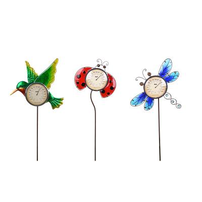 China Bath Thermometers OEM Customized Metal Garden Bird Glass Dragonfly Beetle Ornaments Round Wireless Thermometer and Hygrometer Garden Stake for sale