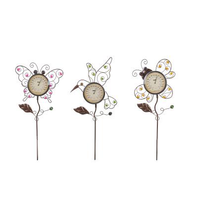 China Bath Thermometers OEM Customized Outdoor Metal Butterfly Bird Bee Garden Ornaments Round Wireless Thermometer and Hygrometer Garden Stake for sale