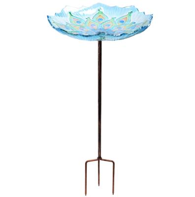 China Handmade Glass Bird Bath , Outdoor Garden Washbasins Birdfeeder With Metal Stake Peacock for sale