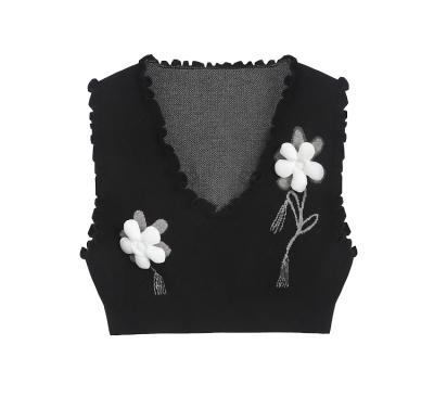 China Breathable Floral Knit Vest Women's Original Design A Black V-Neck Knit Top Sweater for sale