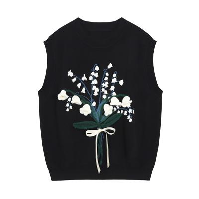 China Breathable Women Artsy Vintage Knit Black Sleeveless Vest Top With Floral Design Vest Sweater Crewneck Vest for sale