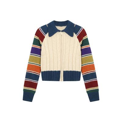 China Breathable Rainbow Colors Zipper Sweater Vintage Contrast Turn-Down Collar Cardigan Sweater Vintage Striped Cardigan for sale